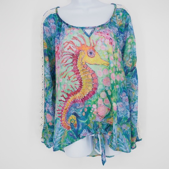 Leoma Lovegrove Womens Blouse L Seahorse Colorful Artsy Split Sleeve Crochet Tie - Picture 2 of 12